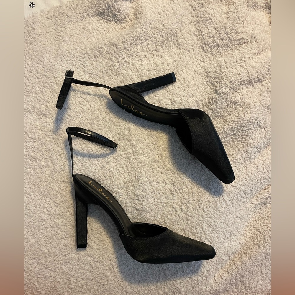 Lulus Black satin ankle strap heels